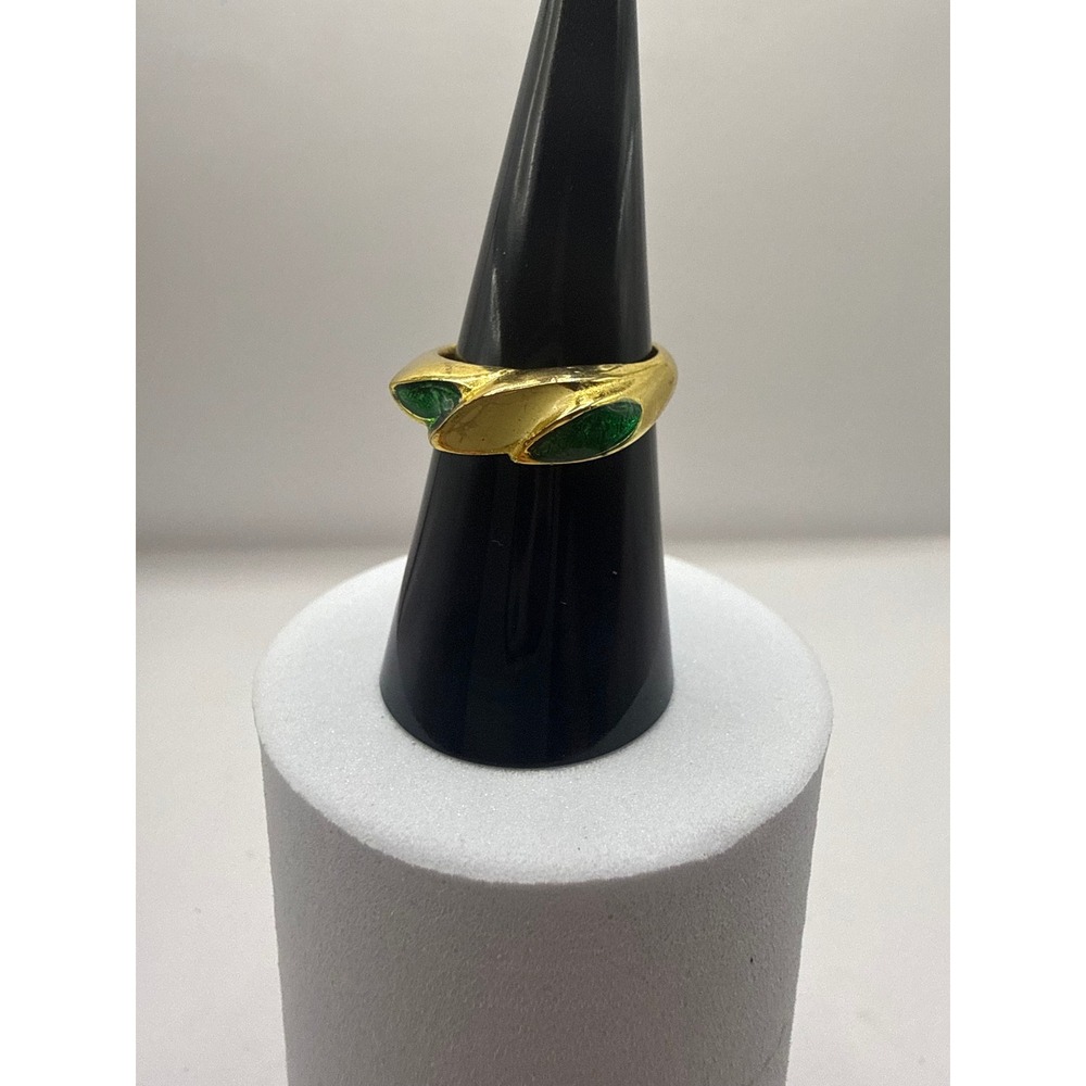 Vintage Gold Tone Green Enamel Bypass Wrap Statement Ring Size 6.5